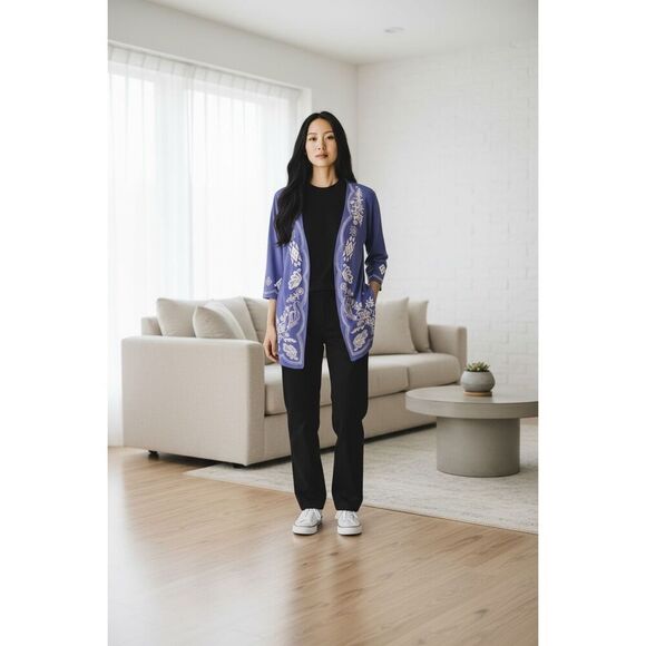 Short Open Front Cardigan Size S Blue Floral Embroidered 100% Linen 3/4-Sleeve - Picture 11 of 11